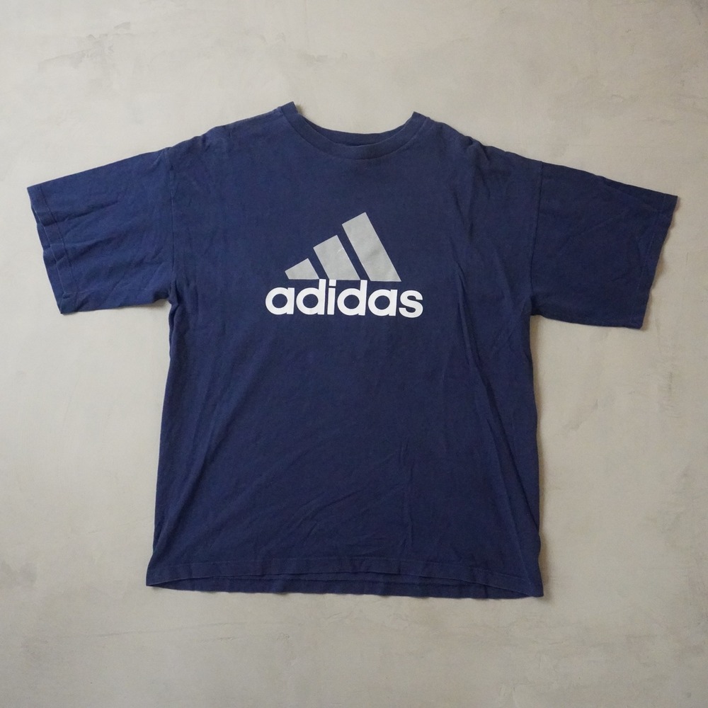 Vintage Adidas T-Shirt Large Mens Navy Blue Mountain Logo USA Made Cotton Tee